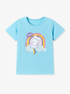 T-shirt en coton bleu ciel pour filles avec un chat licorne mignon et un arc-en-ciel