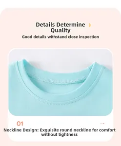 Detail view of the soft crew neck stitching and durable fabric on this blue girl's dress