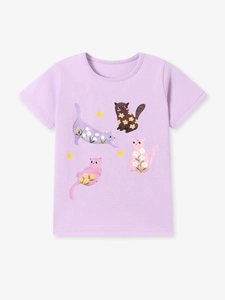 T-shirt violet clair pour fille avec des chats de dessin animé et fleurs illustrées