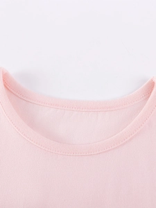 Pink short sleeve cotton T-shirt for girls featuring a durable ribbed crew neckline