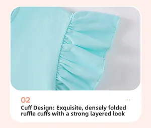 Detail of light blue mesh dress featuring ruffle sleeve design and precise stitching finish