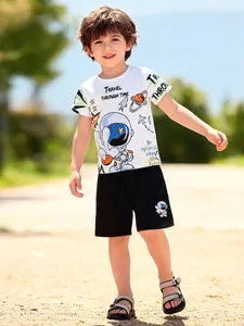 Little Maven Boys Summer Short Sleeve Cotton T-Shirt And Shorts Set Astronaut Space Theme Casual Outfit For Kids