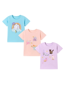 Lot de 3 t-shirts fille en coton avec imprimés graphiques d'arc-en-ciel et de chats