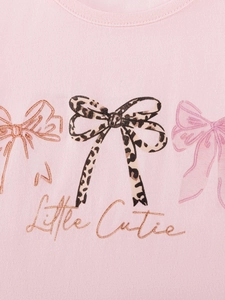 Pink girls t-shirt featuring three decorative bows and Little Cutie metallic print