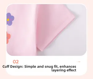 Detail of pink knit shirt sleeve featuring colorful floral prints and soft fabric texture