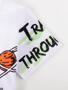 Short sleeve white cotton T-shirt for boys featuring street style graphic prints