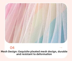 Detailed view of soft rainbow mesh fabric with ruffled design for girls' summer dress