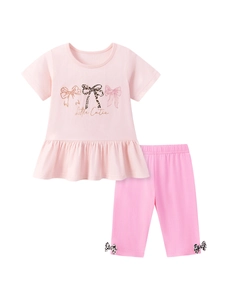 Pink cotton girls summer set with ruffled tee and leopard bow shorts, Little Cutie print