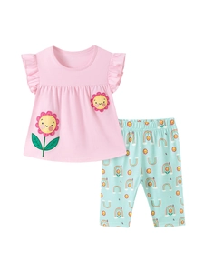 Girls summer cotton set with sunflower pink top and mint green rainbow print pants