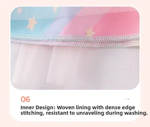 Detail of baby girl dress showing mesh tulle with star prints and reinforced inner stitching