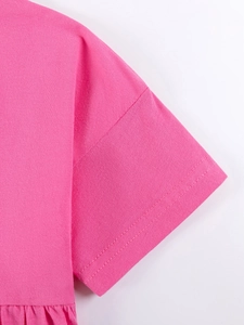 Robe en coton rose à manches courtes pour filles avec plis et taille à volants doux