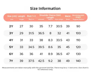 Guide des tailles détaillé pour ensemble jupe en tulle d'été fille de 2 à 7 ans