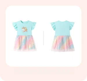 Flat lay of a girls light blue cotton dress with unicorn print and rainbow mesh skirt