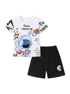 Kids summer cotton set with astronaut print t-shirt and elastic shorts in white and black