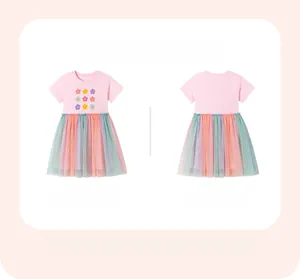 Front and back view of girls' pink short sleeve dress with floral print and rainbow tulle skirt