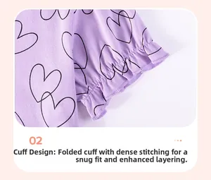Detail of ruffled lavender sleeve with black heart print and smocked elastic cuff