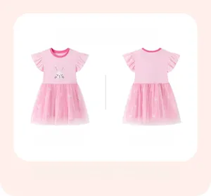 Detailed front and back view of pink girls cotton dress with bunny print and mesh skirt
