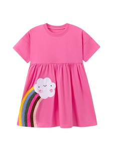 Robe d'été rose pour fille en coton avec manches courtes et applique arc-en-ciel