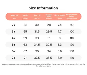 Detailed size chart for girls summer tulle dress with measurements for ages 2 to 7 years