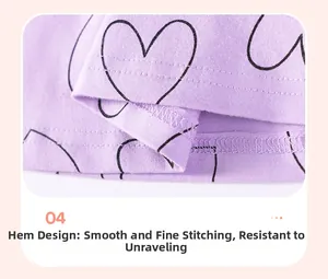 Close-up of heart print dress hem showing fine stitching and durable purple knit fabric