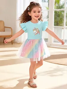 Girls Short Sleeve Unicorn Rainbow Tutu Dress Casual Summer Mesh Princess Dress For Toddler Kids Cotton Gradient Dress