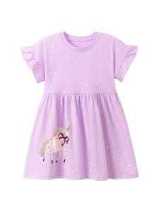 Kurzärmeliges Mädchenkleid in Lavendel mit Sternenmuster und Einhorn-Stickerei