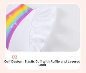 Gros plan du haut en coton blanc pour fille avec manches volantées et motif arc-en-ciel