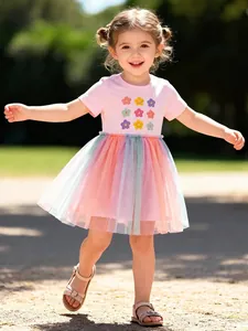 Girls Summer Cotton Rainbow Mesh Tutu Dress Floral Print Short Sleeve Princess Party Dress For Toddler Kids