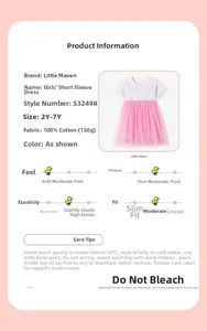 Infographic showing size chart and cotton fabric details for girl floral tulle dress
