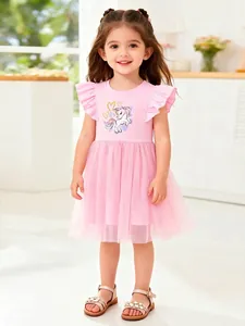 Little Maven Κοριτσίστικο Ροζ Μονόκερος Δίχτυ Φόρεμα Πριγκίπισσας Βαμβακερό Κοντό Μανίκι με Βολάν Κινουμένων Σχεδίων Καλοκαίρι