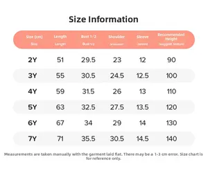 Guide des tailles pour robe tutu fille avec mesures de longueur et de poitrine pour 2Y à 7Y