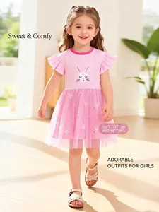 Girls Pink Cotton Mesh Patchwork Dress Cartoon Rabbit Print Ruffle Sleeve Polka Dot Tulle Skirt Casual Summer Outfits