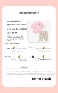 Detail of pink cotton ruffle sleeve top and floral rainbow print pants for toddler girls