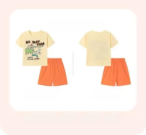 Ensemble t-shirt jaune motif éléphant et short orange pour fille en vue à plat