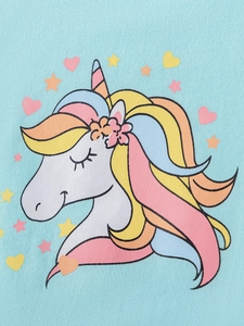 Short sleeve light blue cotton dress for girls with cute colorful unicorn print