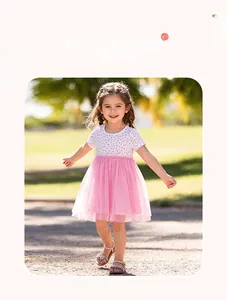 Detail of girls floral short sleeve dress with pink layered tulle tutu skirt in sunny park