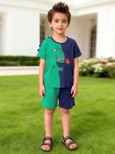 Boys Summer Cotton Clothing Set Fire Breathing Dinosaur Print Contrast Color Short Sleeve T-Shirt And Shorts Toddler Outfit