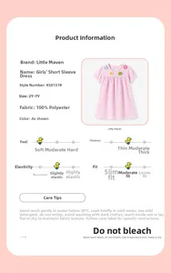 Detail showing colorful 3D crochet flowers on pink striped short sleeve dress for girls