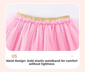 Détail de la jupe tutu rose avec taille élastique à paillettes dorées et plis en tulle