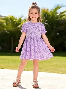 Girls Summer Short Sleeve Dress Cotton Heart Print Purple Ruffle Cuff Casual Princess A-Line Dress Kids Clothing