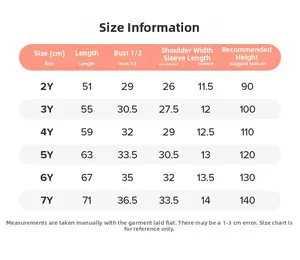 Size information chart for girls flower dress with detailed measurements for ages 2 to 7