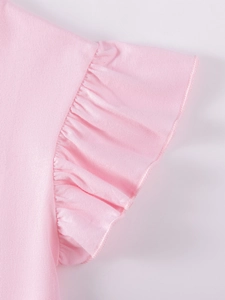 Pink cotton summer dress for girls featuring ruffled sleeves and cartoon rabbit pattern
