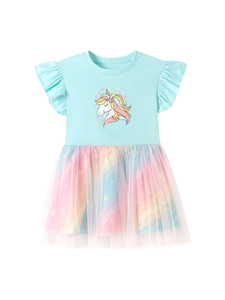 Short sleeve girls dress with unicorn print and rainbow tulle star mesh skirt