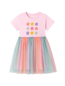 Girls summer dress featuring a pink floral top and layered rainbow tulle tutu skirt