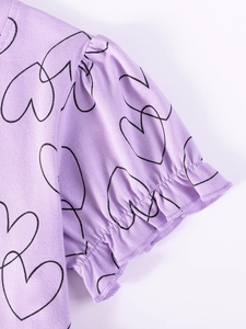 Short sleeve purple summer dress for girls with black heart patterns and ruffle puff cuffs