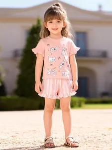 Mädchen Sommer Baumwolle Kleidung Set Rosa Süße Katze Cartoon Druck Flügelärmel T-Shirt Und Gestreifte Rüschen Shorts Outfit