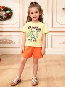 Ensemble de T-Shirt et Short en Coton d'été pour Petites Filles Imprimé Éléphant Lapin Cartoon Tenue Décontractée Deux Pièces