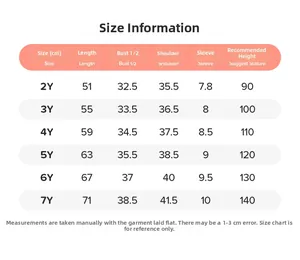 Detailed size chart for girls cartoon summer dress showing length and bust in cm
