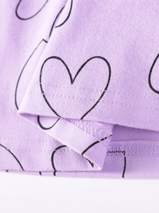 Short-sleeved lavender summer dress for girls featuring cute black heart pattern prints