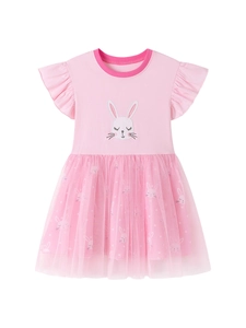 Pink short sleeve dress for girls with cute cartoon rabbit print and layered tulle skirt